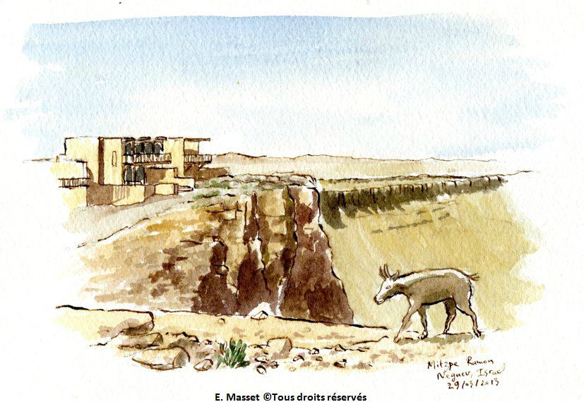 Israel, désert de NeguevVue depuis l'hôtel Beresheet à Mitzpe Ramon. Encre et aquarelle. Mars 2013